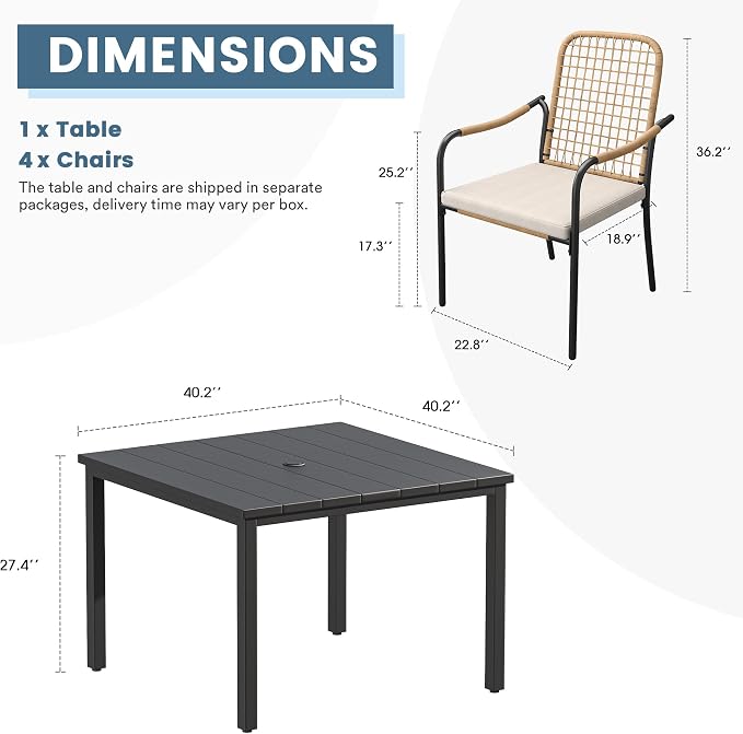 DIFY 5 Pieces Outdoor Dining Set, Metal Patio Table and Chairs Set for 4, 40.2" Square Dining Table with Umbrella Hole & Wicker Stackable Patio Chairs with Cushions, Black Tabletop