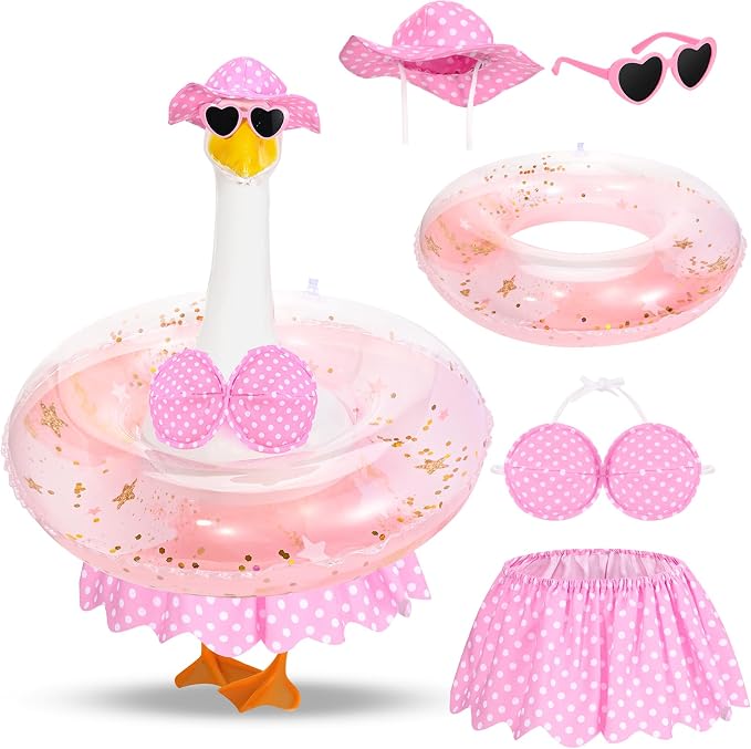 Hawaiian Porch Goose Outfits Summer Bikini Goose Outfit Fits 23" Goose Statue with Hat Sunglasses & Swimming Ring for Cement Yard Decor (Pink)