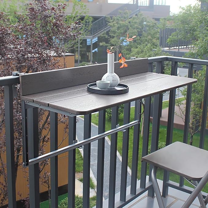 Adjustable Height Aluminum Hanging Balcony Table - Foldable Patio Bar for Deck Railing, Outdoor Garden Furniture, Space-Saving Design for Balconies and Patios