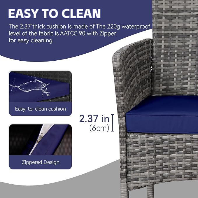 3 Pieces Patio Furniture Sets Outdoor PE Rattan Small Patio Furniture Set with Soft Cushion and Glass Coffee Table with Storage for Garden Backyard Porch Poolside WeatherResistantGrey/Darkblue