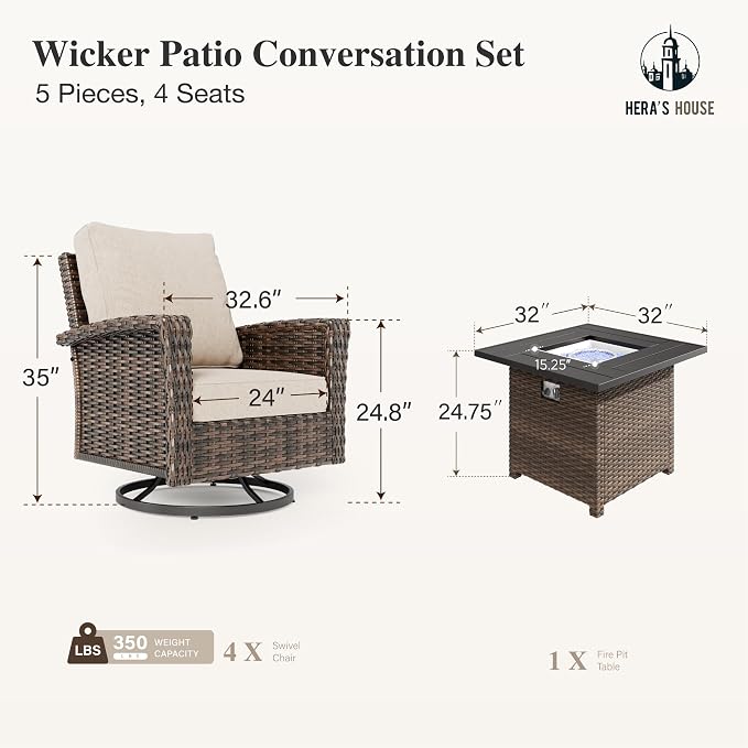 HERA'S HOUSE 5-Piece Patio Furniture Set with Outdoor Swivel Chairs & Fire Pit, High Back Wicker Conversation Sets with 5.5" Thick Cushions, All-Weather Deep Seating Sofa, Beige