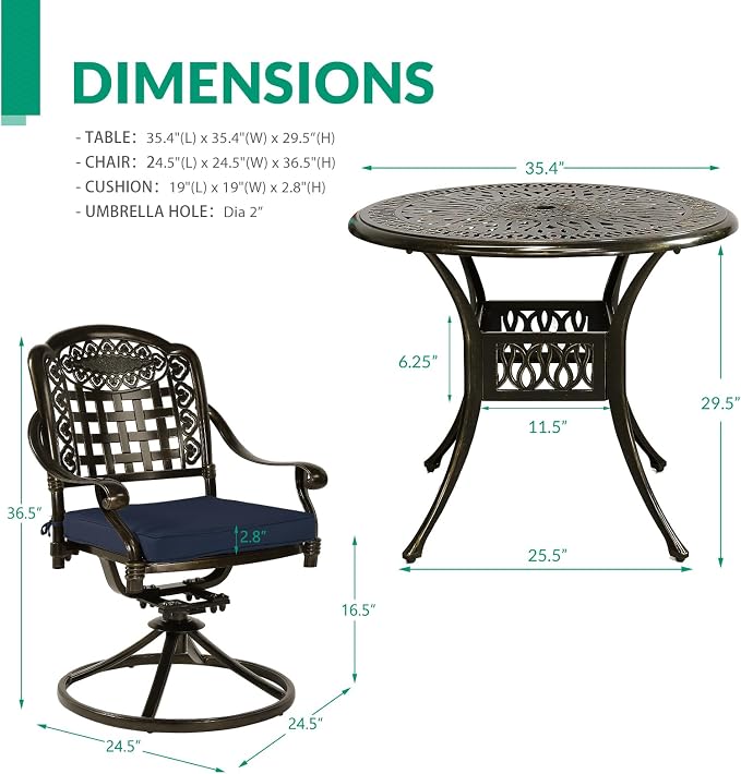 VIVIJASON 5-Piece Outdoor Patio Dining Set, All-Weather Cast Aluminum Conversation Set, Patio Furniture Set, Include 4 Swivel Cushioned Chairs, 1 Round Table w/Umbrella Hole, Navy Blue Cushion
