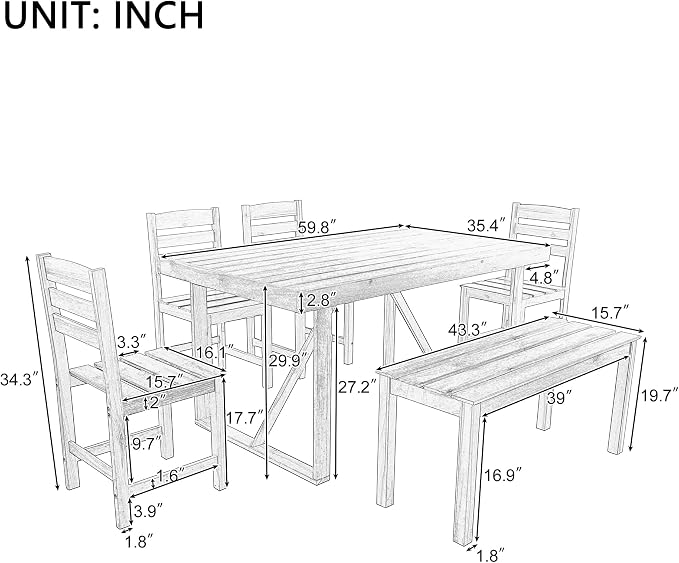6 Person Outdoor Acacia Wood Dining Table Set, All Weather 6 Pieces Conversation Set, 60'' Rectangle Dining Table with 4 Chairs and Bench for Patio Backyard Garden Poolside Balcony (Brown-26)