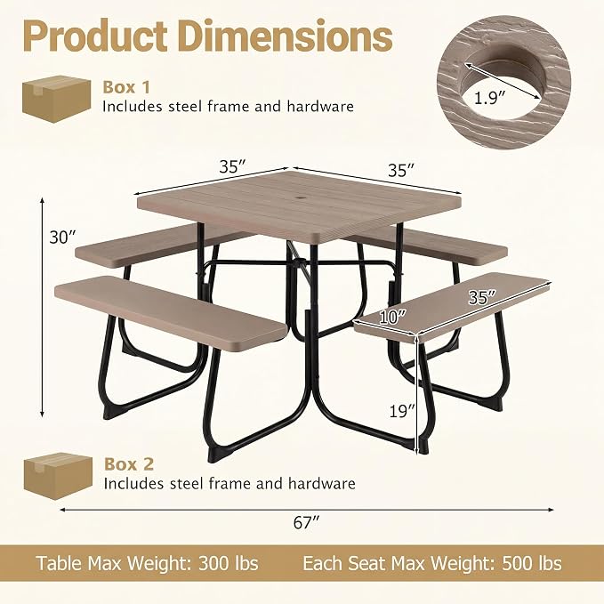 HAPPYGRILL 4-8 Person Square Picnic Table Bench Set with Umbrella Hole, Outdoor Camping Table with HDPE Material and Sturdy Metal Frame for Patio, Garden and Backyard