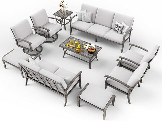 HAPPATIO 10 Piece Aluminum Patio Furniture Set, 3-Seat Outdoor Couch and Loveseat, All-Weather Outdoor Sectional Sofa with Swivel Armchairs and Ottomans, Garden Conversation Set(Gray)