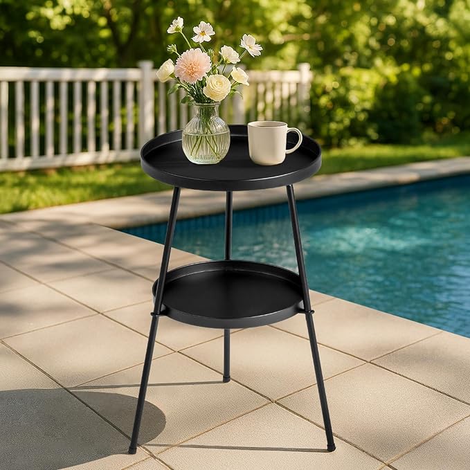 2-Tier Round Outdoor Side Table, Small Metal End Table for Indoor & Outdoor, Nightstand, Coffee Table, Plant Stand for Living Room, Bedroom, Patio & Balcony (Black)