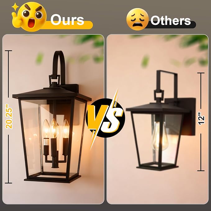 Modern Outdoor Wall Sconce Fixture 20 1/2", Matte Black, 3-Light Exterior Wall Mount Lighting with Clear Glass Panels for House Porch Patio Outside Deck Garage Yard Front Door Garden Home