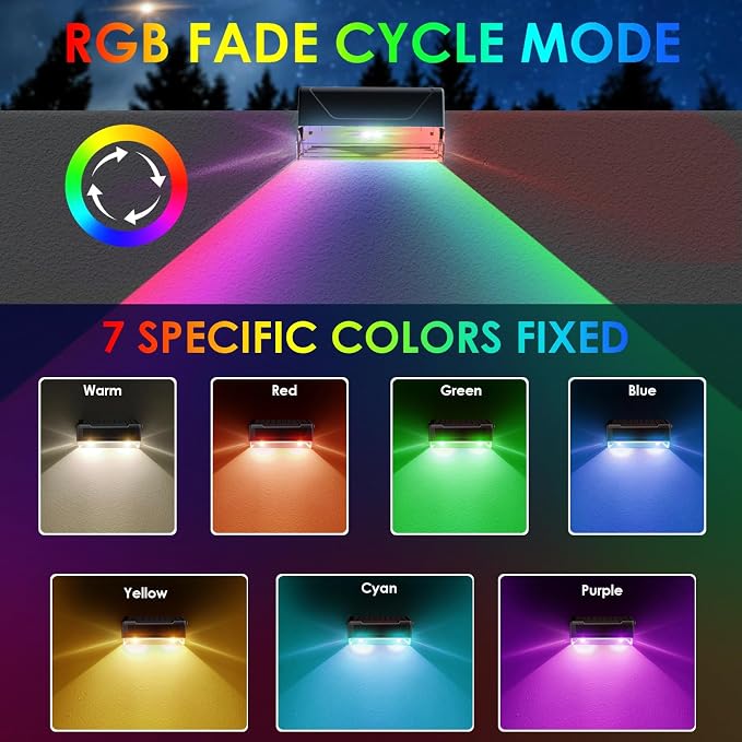 LIANGLOME 12PK Solar Fence Lights Outdoor Waterproof LED - Warm White & RGB 6 Color, Dusk to Dawn Deck Light, IP65 Waterproof Garden Lights for Outside/Backyard/Railing/Step/Patio/Wall