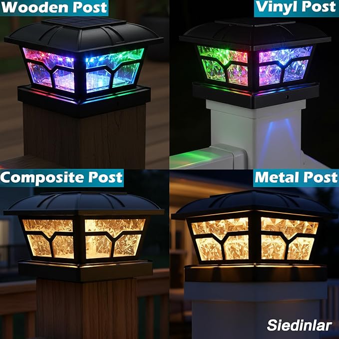 SIEDiNLAR Solar Post Cap Lights Outdoor 2 Color Modes for 4x4 5x5 6x6 Wooden Vinyl Posts Fence Deck Patio Decoration RGB Color Changing/Warm White Lighting Black (6 Pack)