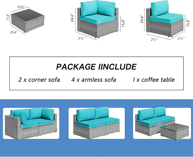 7 Piece Outdoor Patio Furniture Set, Silver Rattan Wicker Sectional Sofa, All Weather Conversation Set with Washable Cushions & Glass Coffee Table for Backyard Poolside Garden Porch,Blue