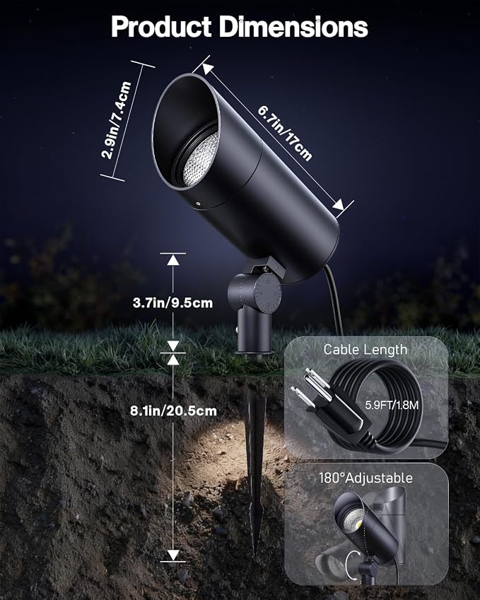 HIBOITEC 2 Pack 30W Outdoor LED Spotlight 120V 3000LM 5000K Spot Lights Waterproof Landscape Lighting for Flag Pole Tree Statue, 5.9 FT Cord with Plug