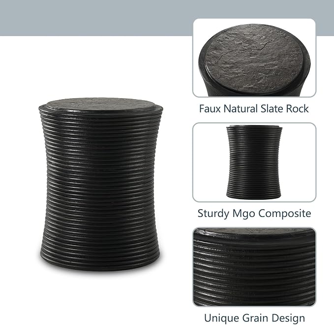 COSIEST Outdoor Side Table Black, Round MgO Concrete Side Table, Lightweight Outdoor Accent Table with Faux Natural Slate Rock, Cylinder Patio Table Top Plant Stand for Garden and Deck