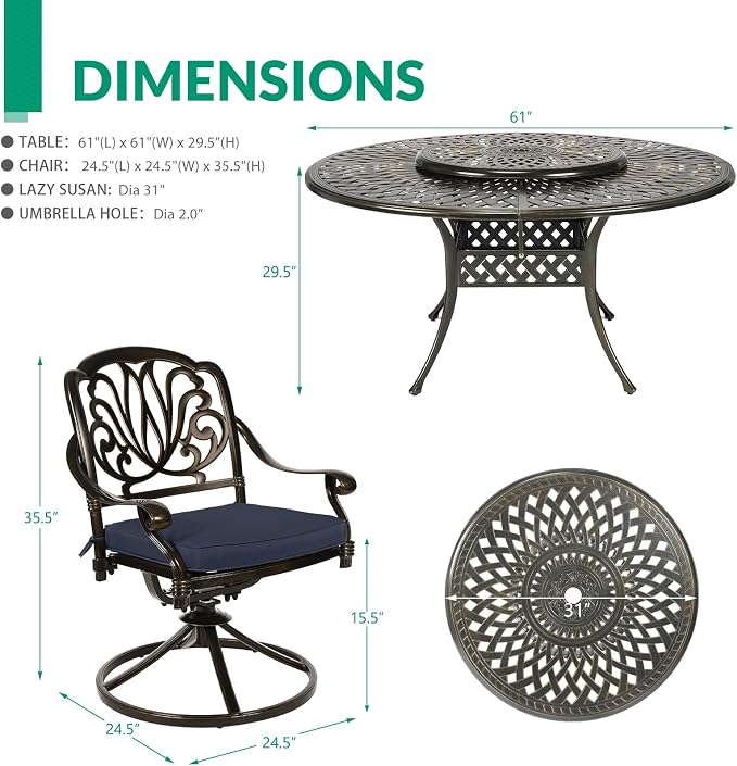VIVIJASON 9-Piece Patio Dining Set, Rust-Free Cast Aluminum Outdoor Conversation Set, Includes 8 Swivel Dining Chairs & 61" Round Dining Table with 31" Lazy Susan, Umbrella Hole, Navy Blue