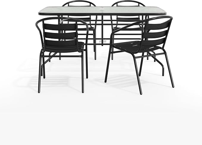 EMMA + OLIVER Patio Table & Chairs Set - Rectangular Metal Table with Tempered Glass Top - 4 Black Aluminum Stacking Chairs - All Weather for Indoor/Outdoor Use
