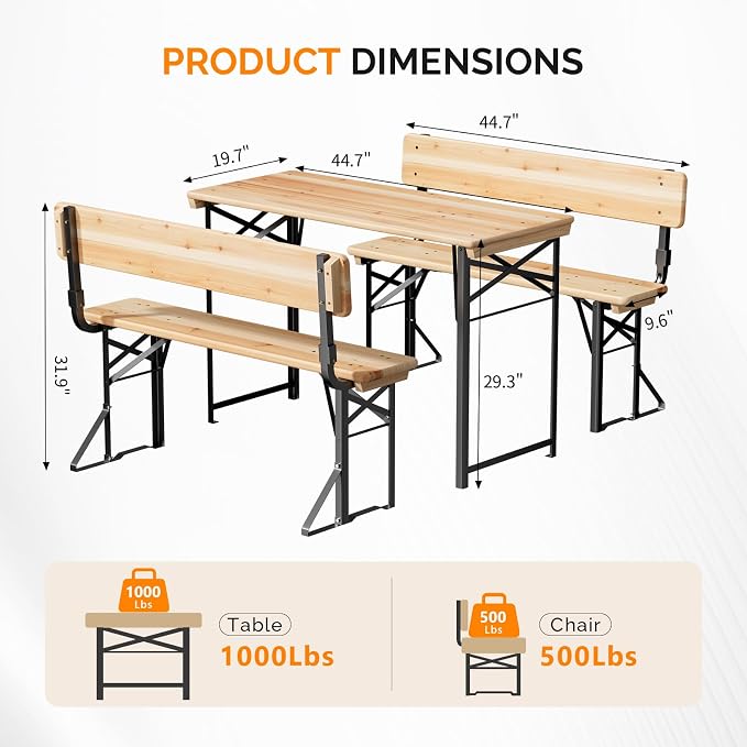 VINGLI 45 Inch Folding Picnic Tables and Chair Set with Backrest Bench, Weather-Resistant Wooden Beer Garden Table Bench, 3-Piece Portable Fold Up Camping BBQ Table,Natural Wood Color