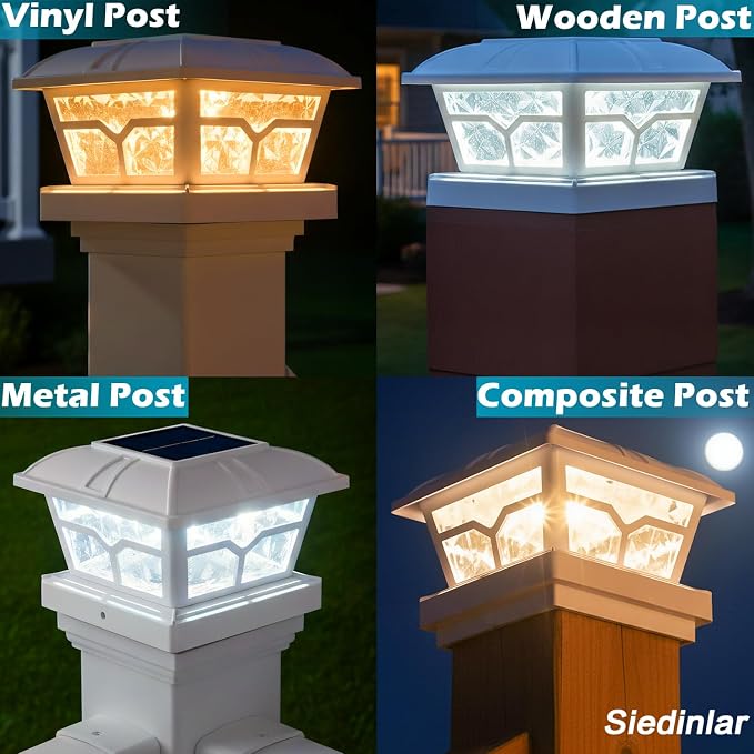 SIEDiNLAR Solar Post Cap Lights Outdoor 2 Color Modes 8 LEDs for 4x4 5x5 6x6 Posts Fence Deck Patio Decoration Warm White & Cool White Lighting White (6 Pack)