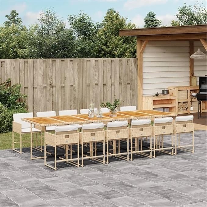 Afuera Living 13 Piece Patio Dining Set, PE Rattan, Brown/Cream White Finish, UV-Resistant, Foldable Design, Powder-Coated Steel Frame, Removable Cushion Covers, Outdoor Garden Furniture for 12 People