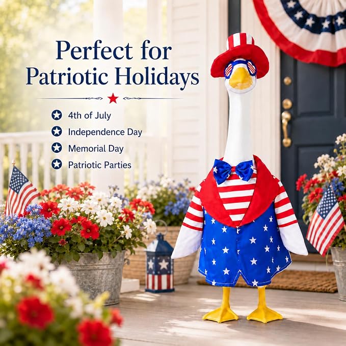 4th of July Porch Goose Outfits for 23 Inch Goose Statue, Patriotic Uncle Sam Goose Costume with Hat Glasses and Bow Tie, Red White Blue Goose Clothes for Independence Day Garden Patio Decor