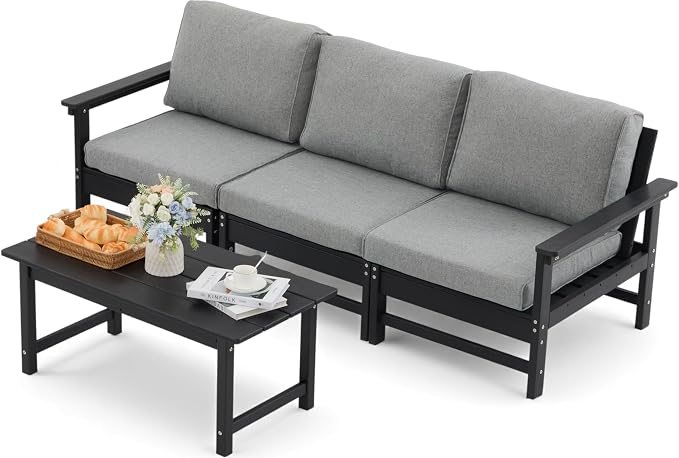 HDPE Outdoor Patio Furniture Set, 4-Piece Sofa Set with 3-Seat Couch & Coffee Table, Weatherproof Conversation Set with Cushions, All-Weather Waterproof, for Garden, Porch & Backyard