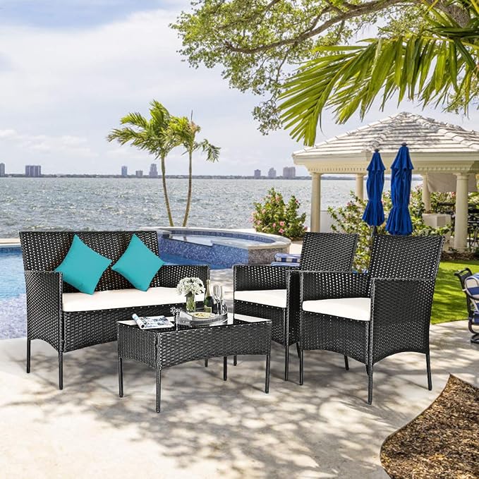 Tangkula 8 Piece Patio Furniture Set, Outdoor Wicker Conversation Set with Tempered Glass Coffee Table, Rattan Loveseat & Chairs Set with Seat Cushions for Backyard, Garden, Poolside (2, Beige)