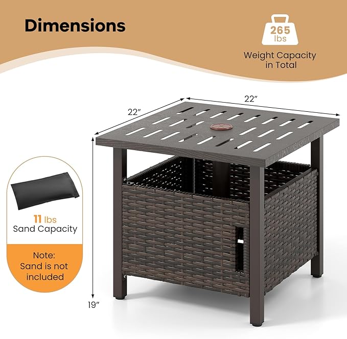 HAPPYGRILL Outdoor Side Table with 1.93" Umbrella Hole, Patio Umbrella Stand with Zinc-Iron Alloy Tabletop, Rustproof Metal Frame, PE Rattan End Table for Deck Garden Yard Poolside (with Sand Bag)