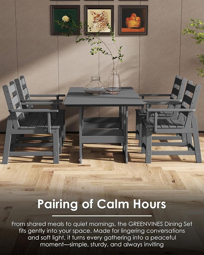 GREENVINES 5-Piece-Outdoor-Table-and-Chairs | HDPE | Patio Furniture | Slatted Dining Sets for 4 | Removable Armrests | Connectable Tables | All Weather | for Backyard Poolside Garden | Grey