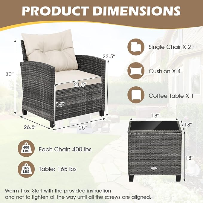 ORALNER 3 Pieces Patio Furniture, Outdoor Wicker Conversation Set Chairs with Soft Cushions and Glass Coffee Table, Mix Gray Rattan Bistro Set for Balcony Garden Deck Front Porch Poolside (White)