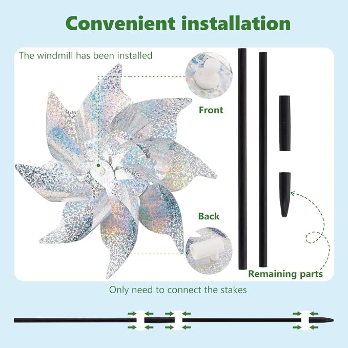 BATTIFE 10 Pack Reflective Pinwheels with Stakes, Pre-Installed Sparkly Silver Wind Spinner, Decorative Pin Wheel Bird and Animal Deterrent for Garden, Yard, Lawn