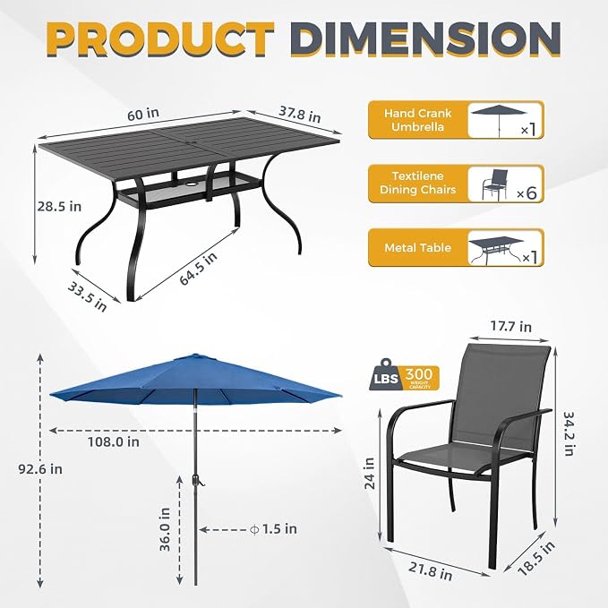 Crownland 7 Piece Patio Dining Set, Outdoor Textilene Dining Sets, 6 Textilene Metal Chairs and Rectangular Outdoor Dining Table with Dark Blue 9FT Round Outdoor Umbrella (Grey)
