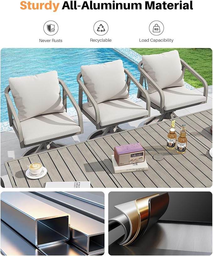 9-Piece Patio Dining Set with 8 Swivel Chairs, Never-Rust Aluminum Outdoor Dining Set, Patio Swivel Dining Set with Wraparound Seating, Outdoor Dining Table Set for Porch, Lawn, Deck, Gray Oak