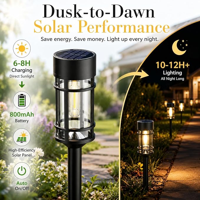 ILANCK 12 Pack Solar Lights Pathway Outdoor, Metal & Glass Large Solar Pathway Lights, Solar Powered Garden Lights for Yard, Landscape, Driveway Walkway