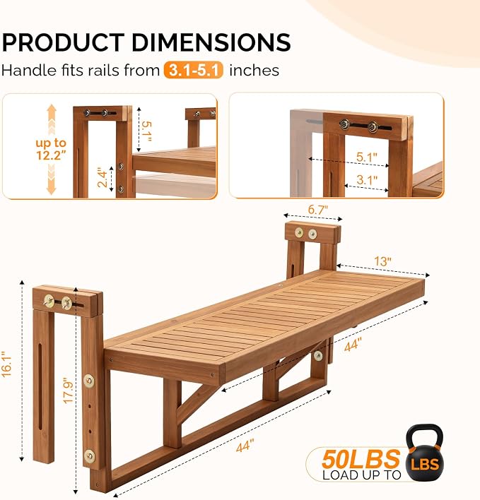 VINGLI 48in Acacia Wood Folding Balcony Hanging Table – Adjustable Height & Width, Balcony Railing Table Ideal for Different Railing Widths, Perfect for Balcony, Patio, Rectangular,Natural Wood Color