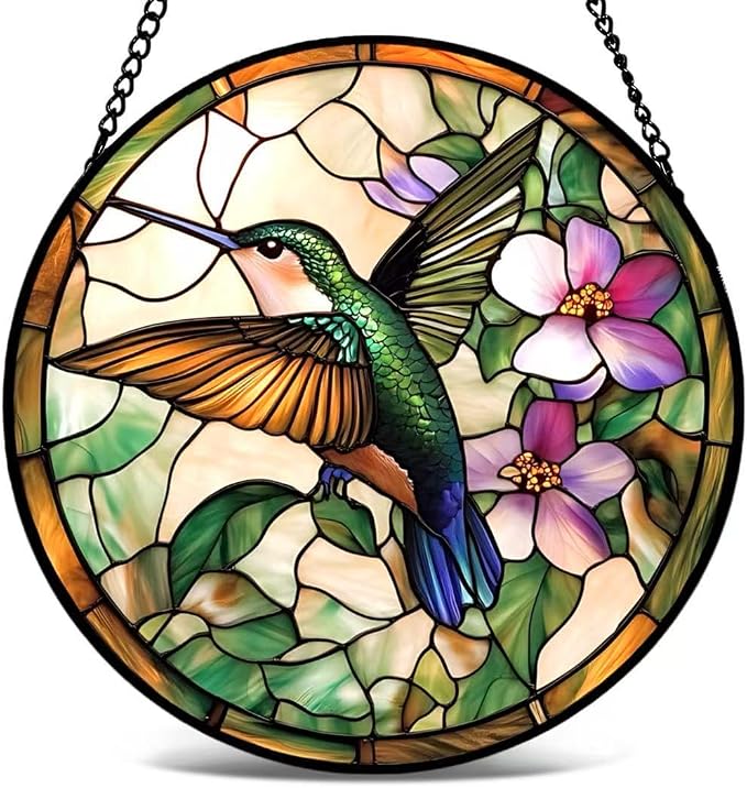 Stained Glass Window Hanging - Green Hummingbirds and Purple Flowers 6.3 Inches Suncatcher for Garden Home Decor for Women Mon Grandma Friends