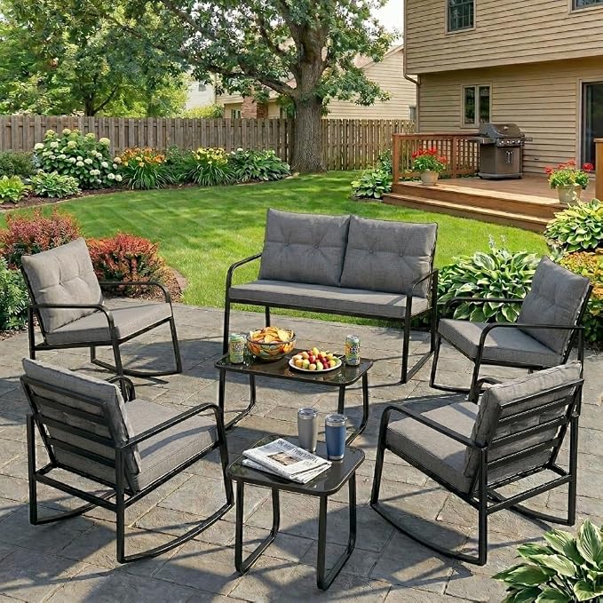 Gizoon 7-pc Outdoor Patio Furniture Set, Black Steel Patio Rocking Chairs Conversation Set with Loveseat, 6-Person Porch Bistro Set with Glass Coffee Table & Side Tables for Garden, Backyard, Grey