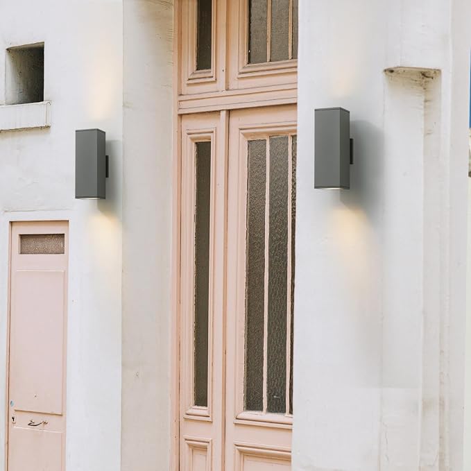 mirrea 14" Modern Outdoor Porch Light in 2 Lights, Matte Gray, 2 Pack | Patio wall sconce, aluminum rectangular tube, tempered glass, waterproof. Up & down lighting for outdoor wall mount fixture.