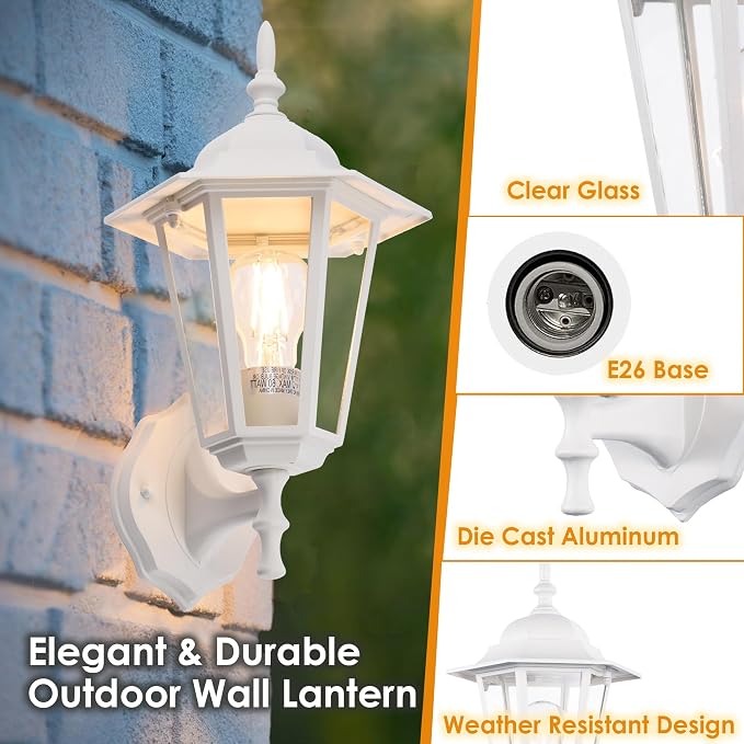 GRUENLICH Outdoor Wall Light Fixture, Rustproof Aluminum, Glass | Exterior Porch Light Wall Sconce Lantern for House, Patio, Garage, Waterproof, E26 Socket 60W Max, White, 2 Pack