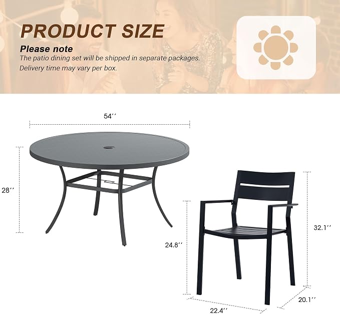 VICLLAX Patio 9 Pieces Outdoor Dining Set, Wrought Iron Metal Outdoor Table and Chairs Set, 53" Round Table with Umbrella Hole and 8 Stackable Chairs for Lawn, Garden, Porch, Dark Grey/Black