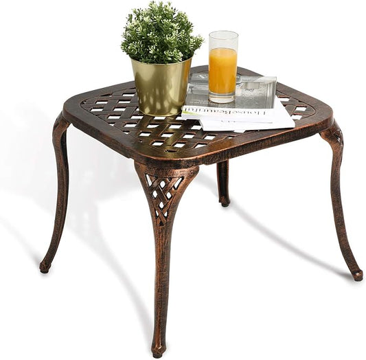 HOMEFUN Outdoor Side Table Small Cast Aluminum Metal End Table for Outside Patio Furniture - Bronze