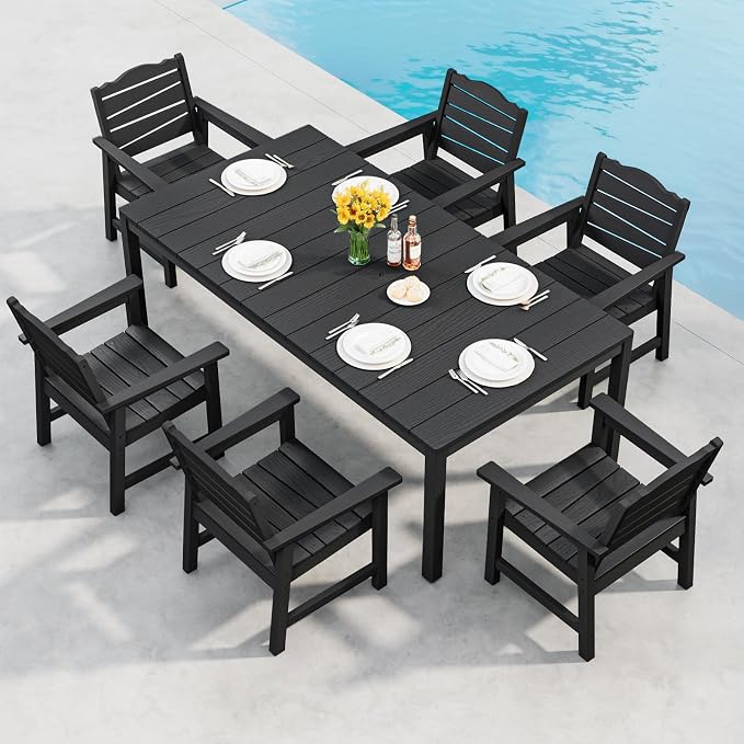 7-Piece Patio Dining Set, 63" Outdoor Dining Rectangle Table w/Aluminum Frame and 6 Chairs, Weatherproof HIPS Dining Furniture with Umbrella Hole, for Backyard Garden Deck Poolside, Black