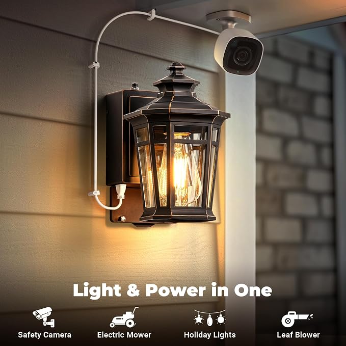 Gleamz 2-Pack ORB Dusk to Dawn Outdoor Lighting with GFCI Outlet, Outside Wall Lights with Gold Trim, Aluminum Exterior Lighting Fixtures Wall Mount, Waterproof Modern Exterior Coach Light Fixtures