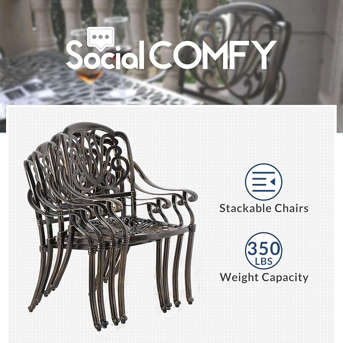 5-Piece Outdoor Patio Dining Set, All-Weather Cast Aluminum Patio Table Set, Include 4 Cushioned Chairs and a 35.4 inch Square Table w/Umbrella Hole for Balcony Garden Backyard, Khaki