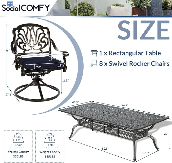 9-Piece Patio Cast Aluminum Dining Set, Outdoor Dining Furniture Set for 8 Person, Includes 94.5" Rectangular Dining Table and 8 Swivel Chairs with Umbrella Hole, Navy Blue