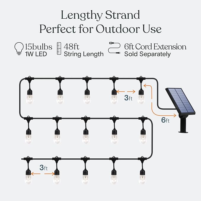 Brightech Ambience Pro Solar Powered Outdoor String Lights, 48 ft Commercial Grade Waterproof Patio Lights, Shatterproof LED String Lights for Outside, Porch - 15 Edison Bulbs, 1W Warm White
