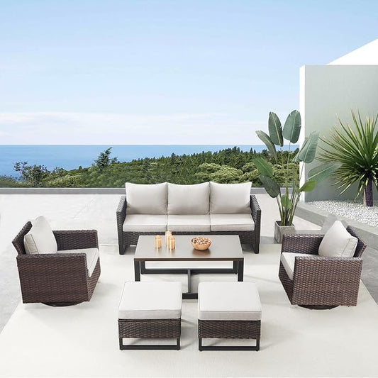 Belord 6 Piece Outdoor Furniture Patio Wicker Sofa Set, Oversize Outdoor Swivel Rocker Chairs with Rattan Ottomans, Conversation Sets Patio Furniture Come with Removable Washable