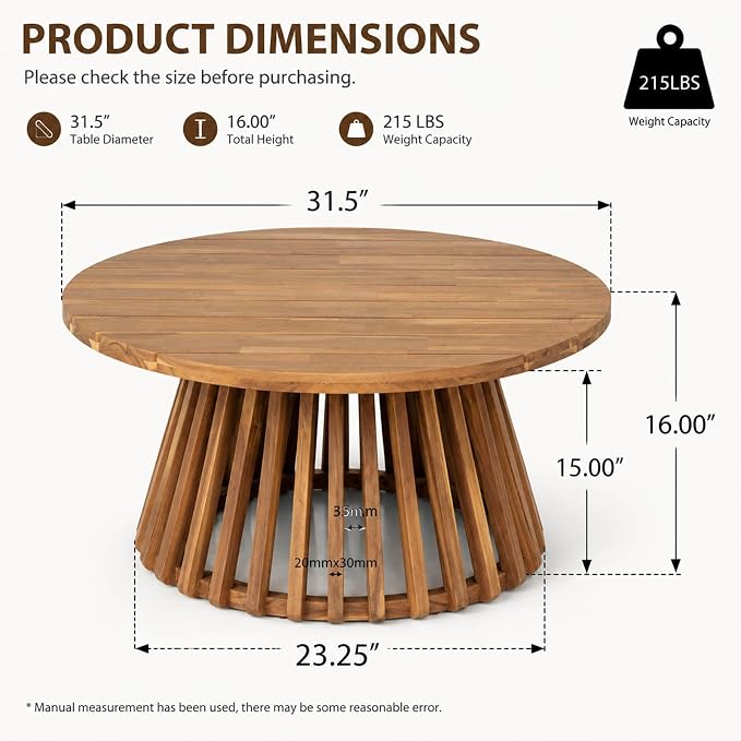 Round Outdoor Coffee Table for Patio, 31.5 Inch Acacia Wood Side Table with Slatted Pedestal Base, Farmhouse Outside Coffee Table for Garden, Balcony, Poolside, Porch, Weather-Resistant, Light Teak