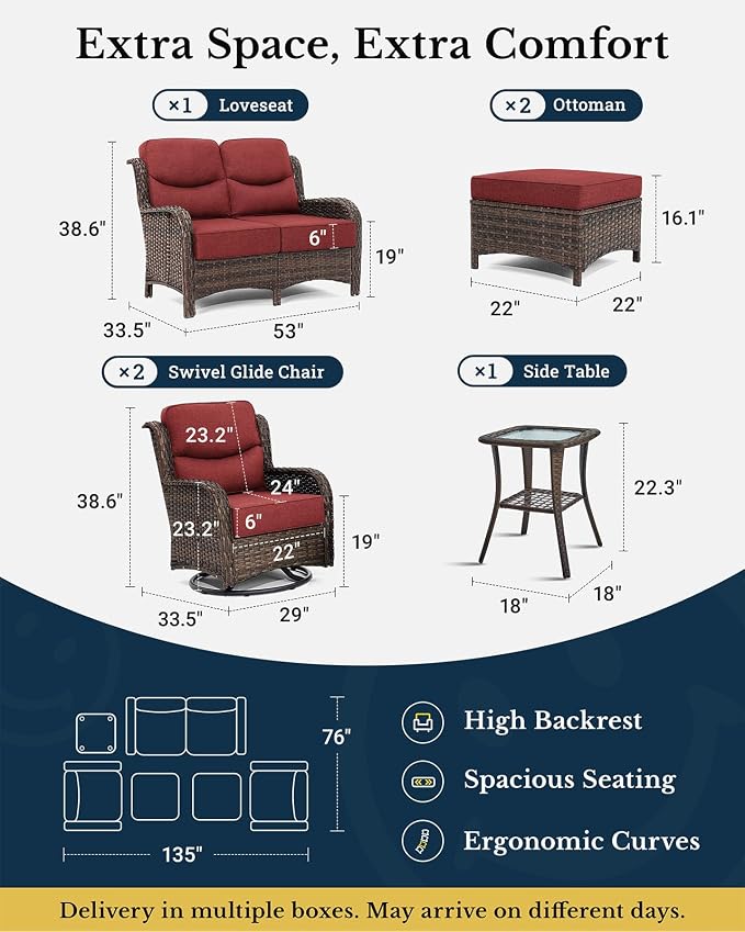 HILLGA 6-Piece Luxury Patio Furniture Set with 6" Thick Cushions, Weather-Resistant Wicker High Back Swivel Rocker Chairs, Senior-Friendly Outdoor Loveseat Set for Deck and Poolside, Burgundy(V2)