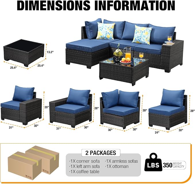 5-Piece Outdoor Patio Furniture Set, Modular Wicker Sectional Sofa with Thick Cushions & Coffee Table, All-Weather Rattan Conversation Set for Backyard, Porch, Poolside, Navy