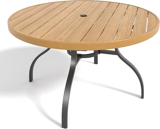 47" Round Wood Patio Table with Umbrella Hole,Outdoor Dining Table with Steel Frame for Patio Garden Deck Dining Room Office