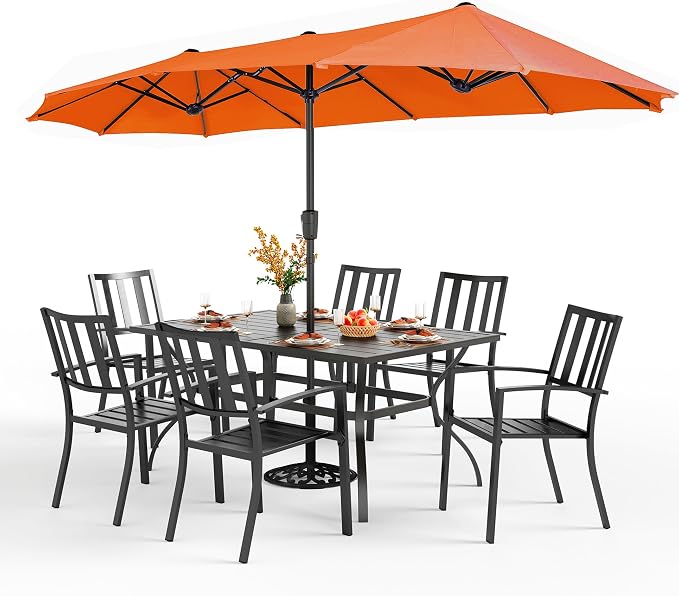 PHI VILLA 7 Pcs Patio Dining Set w/Umbrella&6 Stackable Chairs | 60” Rectangular Metal Dining Table & 6 Stackable Metal Chairs & 13ft Large Red Umbrella for Outdoor, Deck, Yard, Porch