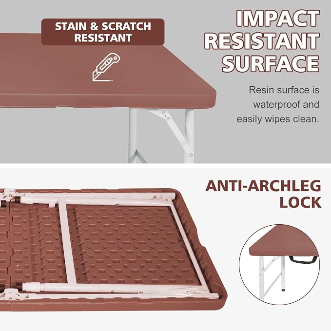 Portable 4Ft Folding Table, Heavy Duty Plastic Fold-in-Half Utility Foldable Table, Adjustable Height Plastic Folding Table with Carrying Handle for Camping &Party Indoor/Outdoor (Brown)